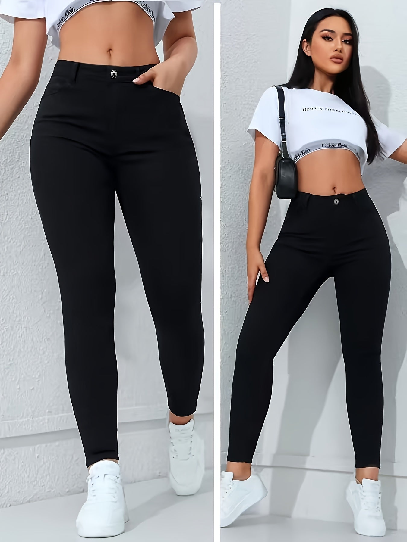 Calça legging reta de cintura alta modelagem slim, ideal para ocasiões formais e casuais.