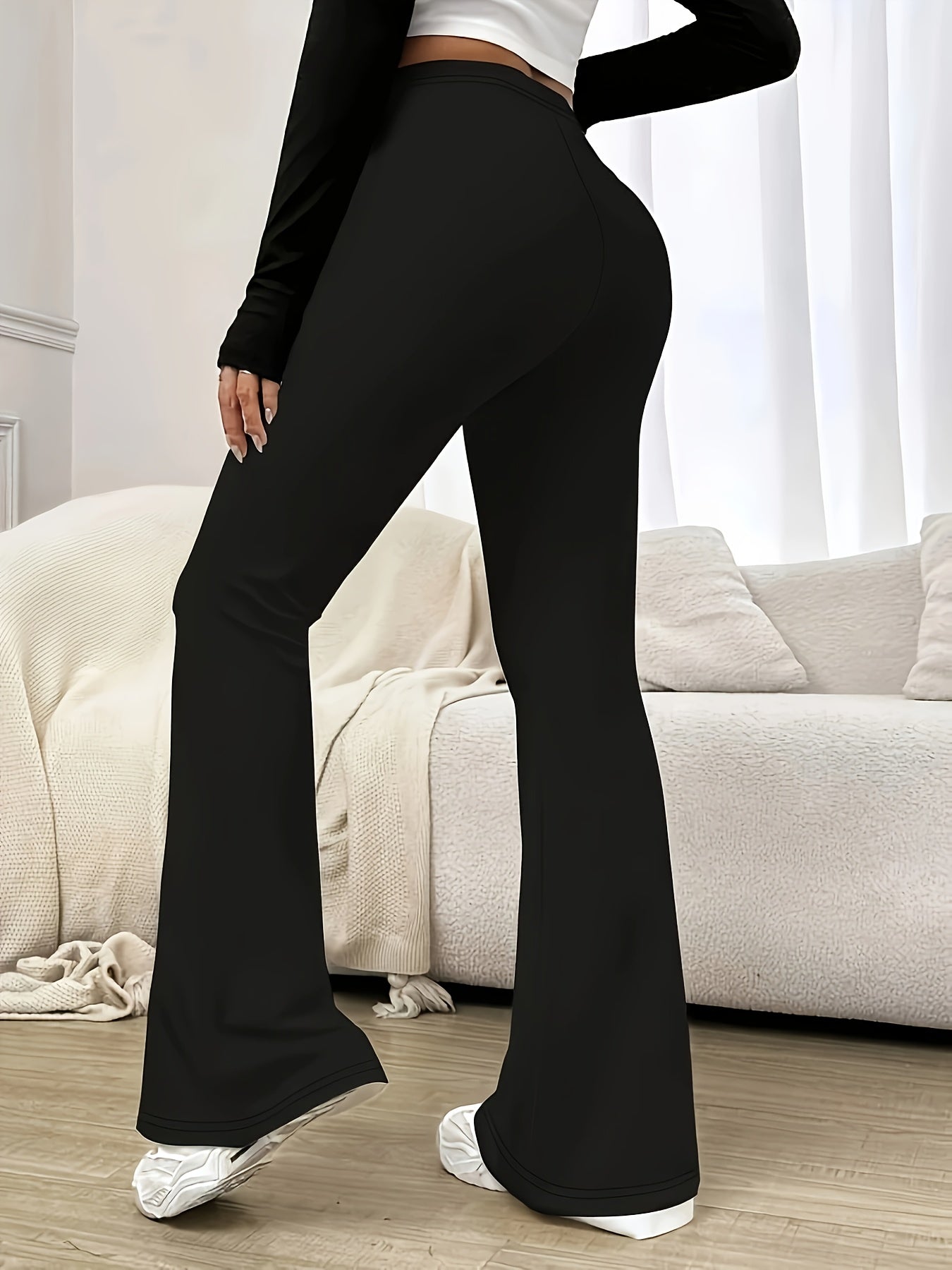 Calça feminina flare de cintura alta, elegante e comprida para primavera, verão, outono.