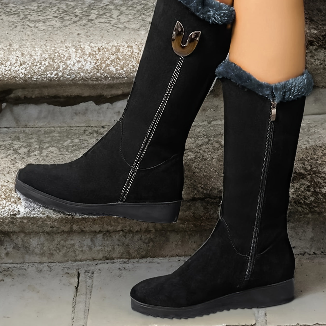 Botas femininas novo estilo de inverno - Botas de tornozelo com forro grosso, sola plana e antiderrapante.