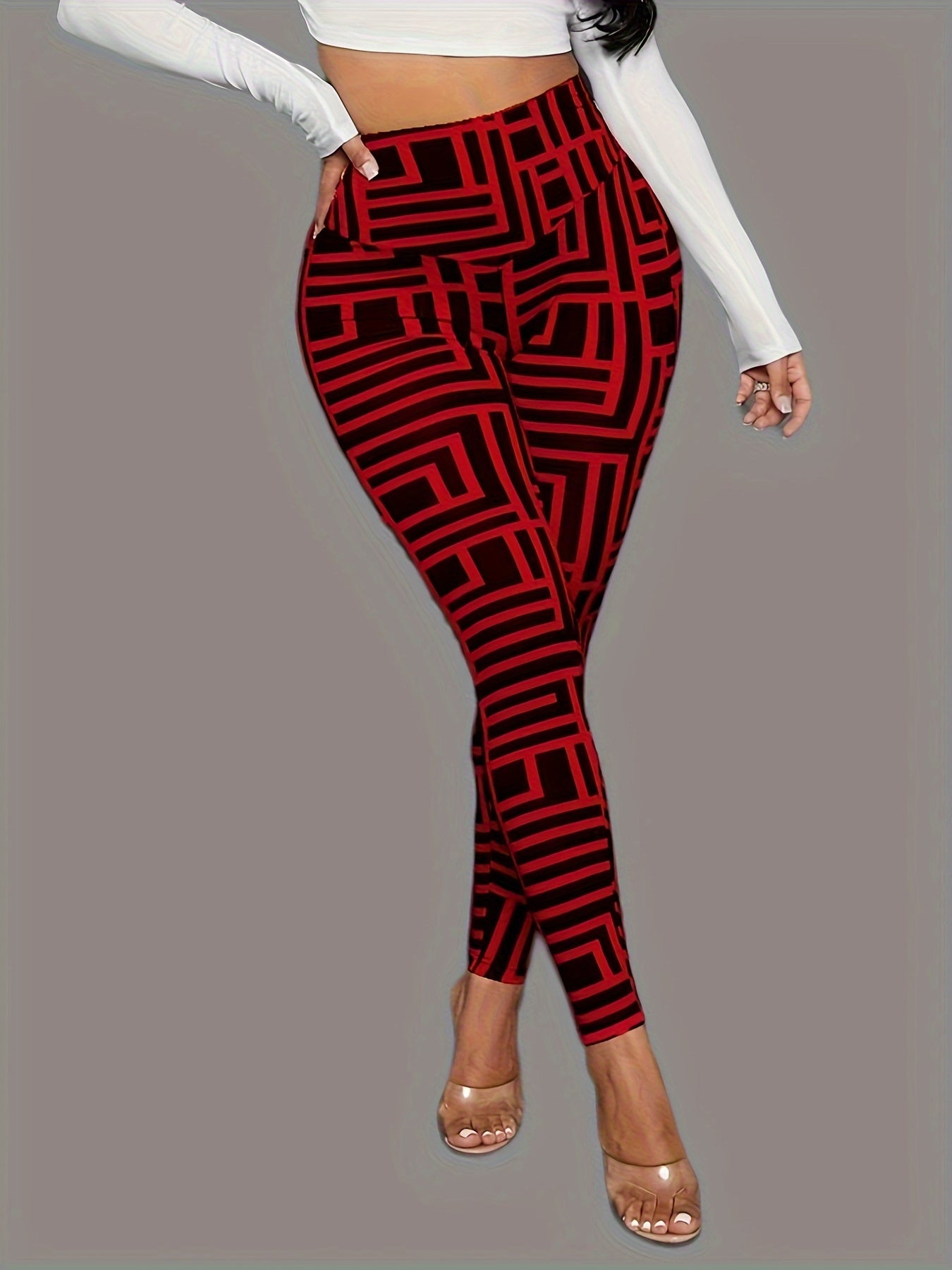 Calça legging de cintura alta e modelagem justa para primavera/verão, com estampa geométrica em formato de labirinto. Alta elasticidade