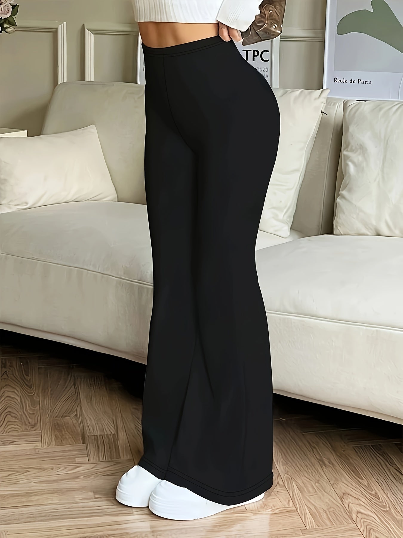 Calça feminina flare de cintura alta, elegante e comprida para primavera, verão, outono.