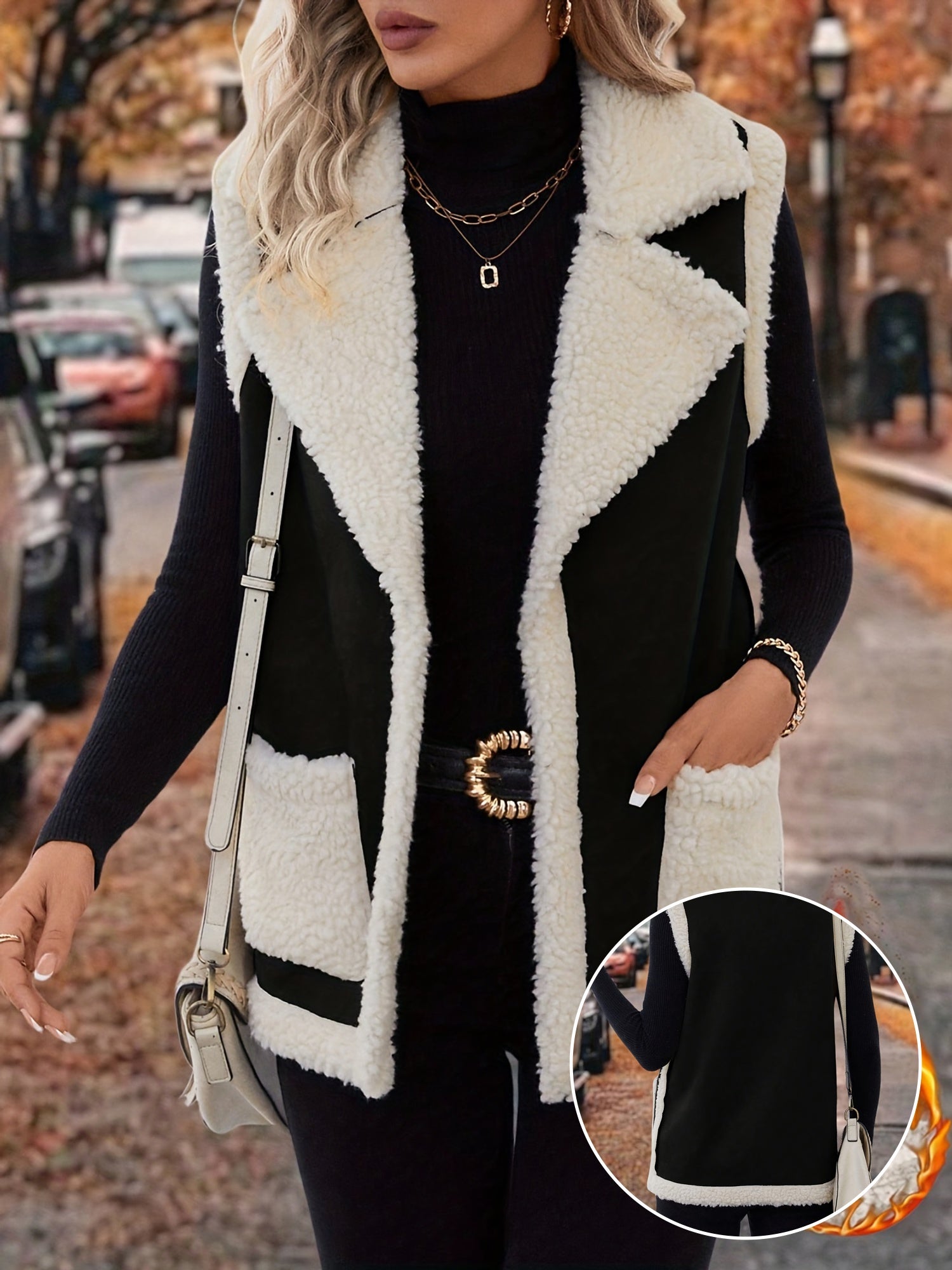 Colete feminino chique com forro de pele em tons de marrom e branco perfeito para o outono e inverno.