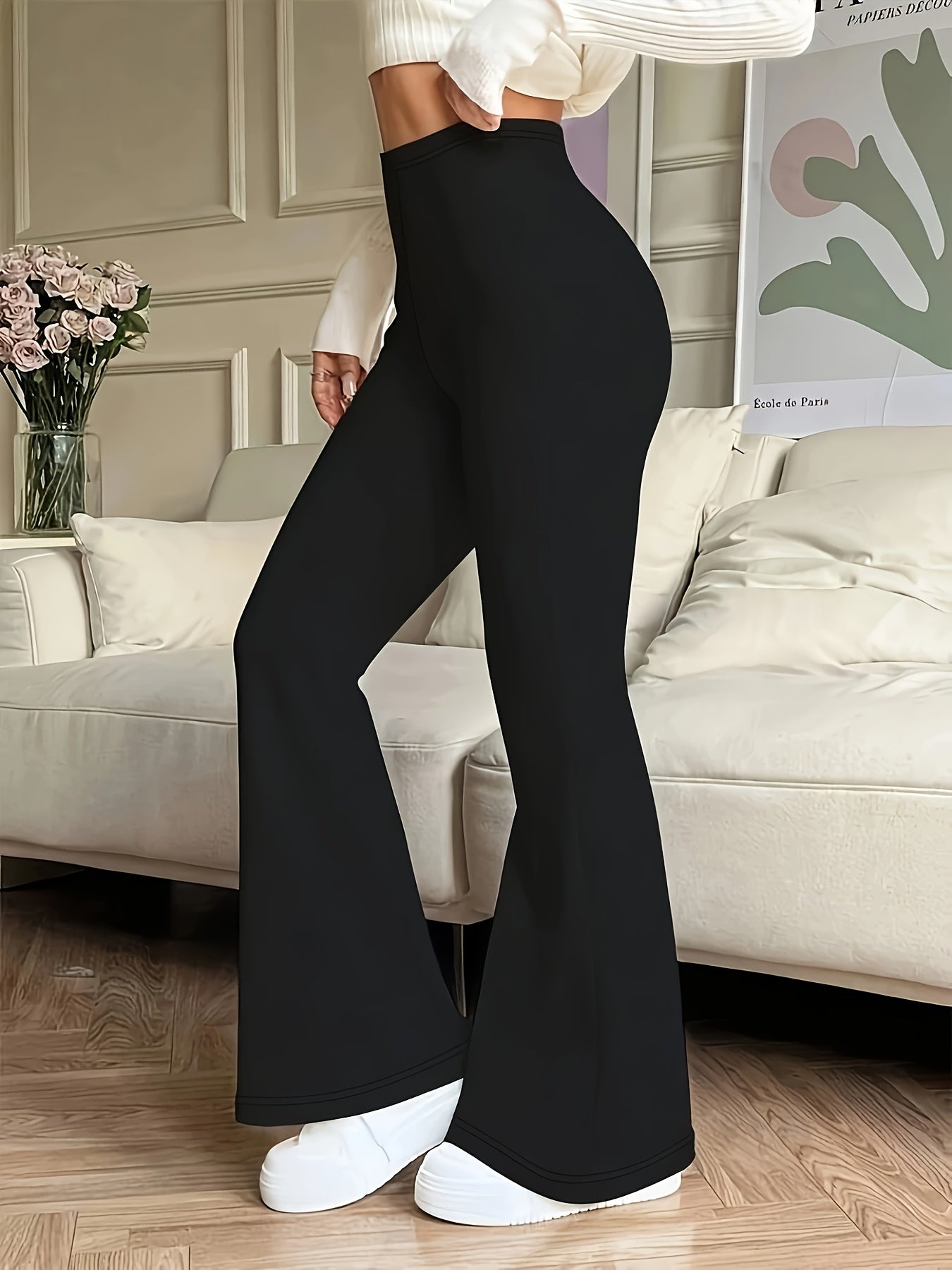 Calça feminina flare de cintura alta, elegante e comprida para primavera, verão, outono.
