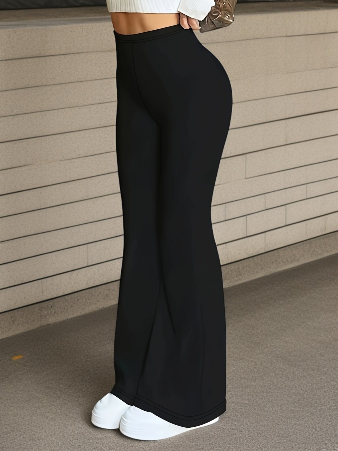 Calça feminina flare de cintura alta, elegante e comprida para primavera, verão, outono.